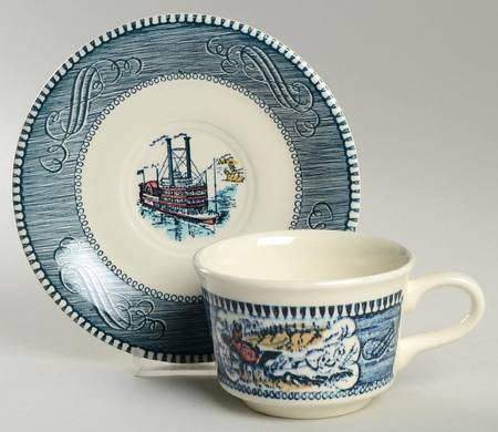 Currier and Ives Blue Multicolor Flat Cup & Saucer Set