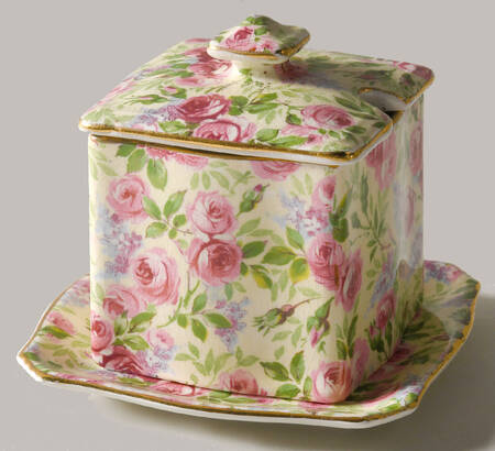 June Roses (Gold Trim) Jam/Jelly & Lid W/Underplate