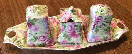 June Roses (Gold Trim) Salt & Pepper, Mustard with Lid & Tray