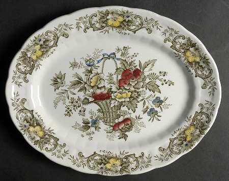 Old English Bouquet Green Multicolor 12" Oval Serving Platter