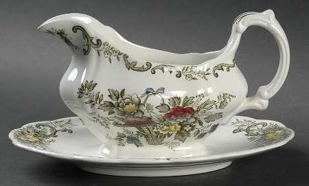 Old English Bouquet Green Multicolor Gravy Boat with Attached Underplate