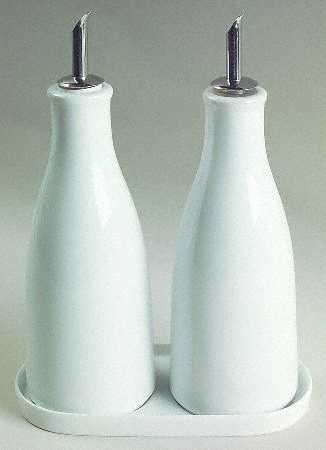 Whiteware (Round) Set of 2 Oil/Vinegar Jars W/Drizzle Spouts on Tray
