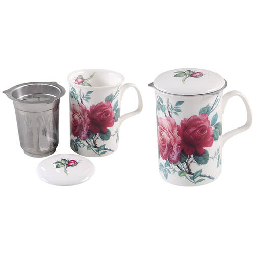 English Rose (Ribbed, No Trim) Lancaster Mug & Lid with Metal Infuser