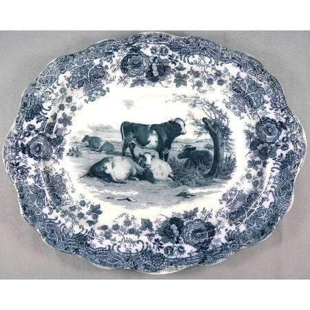 Cows (Blue Transferware) 22" Oval Serving Platter