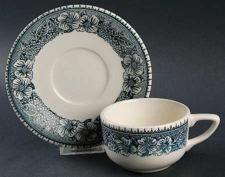 Pilgrim Blue Gray Flat Cup & Saucer Set