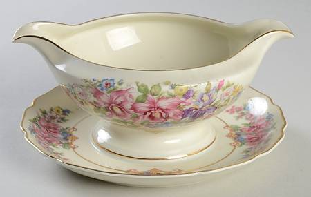 Gwendolyn (Yellow or Yellow & Red Scrolls) Gravy Boat with Attached Underplate