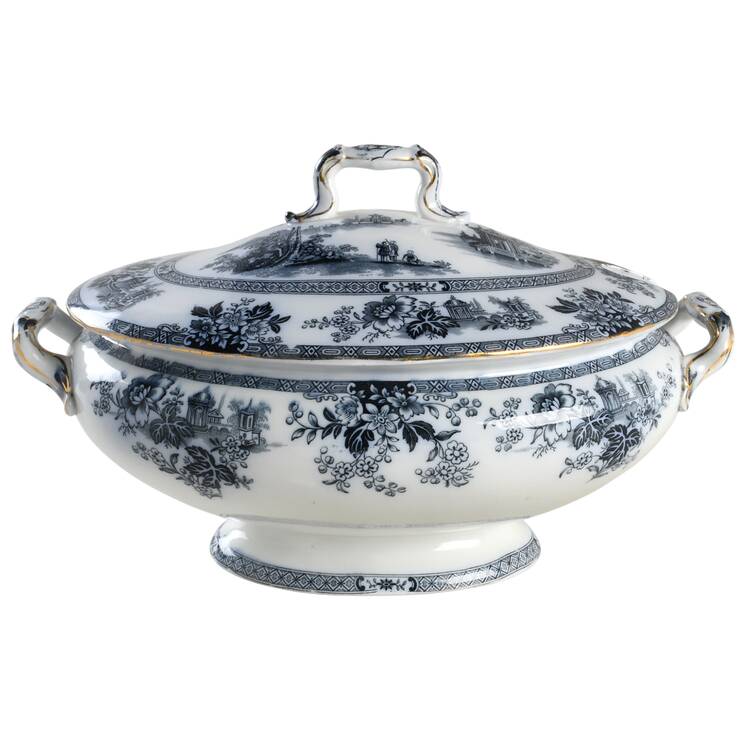 Madras (Flow Blue, Gold Trim) Tureen &  Lid