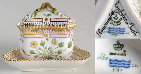 Flora Danica (1790 To 1960) Triangular Custard Cup, Saucer & Lid-Corrigiola li