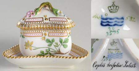 Flora Danica (1790 To 1960) Triangular Custard Cup, Saucer & Lid-Coptis trifol