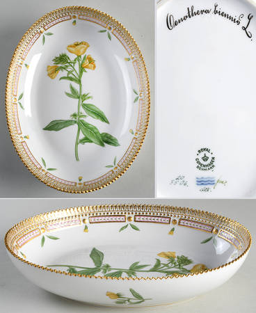 Flora Danica (1790 To 1960) 9" Oval Salad Serving Bowl-Oenothera biennis L
