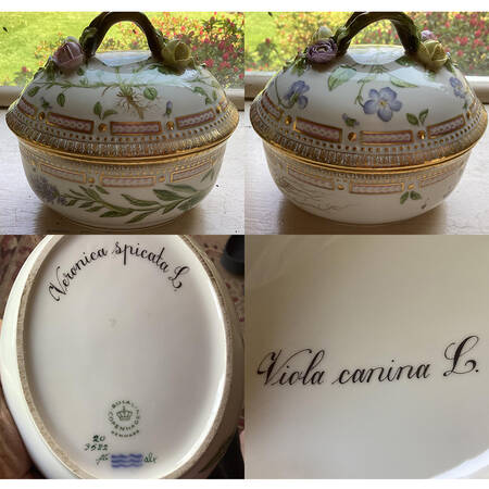 Flora Danica (1790 To 1960) Large Sugar Bowl & Lid-Viola canina L/Veronica spicata L.