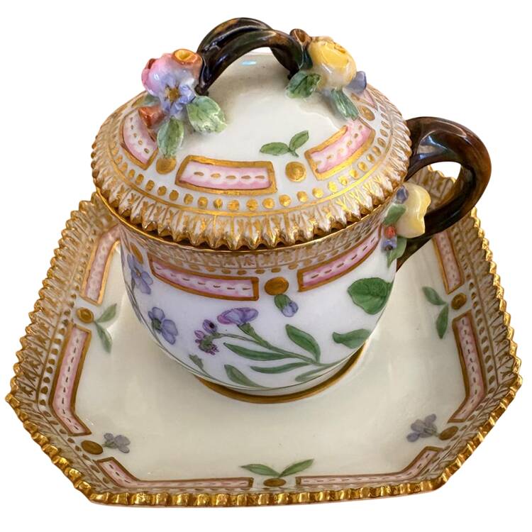 Flora Danica (1790 To 1960) Round Custard Cup, Saucer & Lid-Myosotis Palustris With