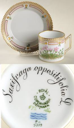 Flora Danica (1790 To 1960) Chocolate Cup & Serrated Saucer-Saxifraga oppositi