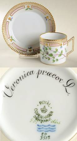 Flora Danica (1790 To 1960) Chocolate Cup & Serrated Saucer-Veronica prucor L.