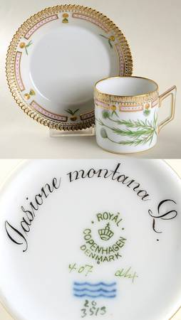 Flora Danica (1790 To 1960) Chocolate Cup & Serrated Saucer-Jasione montana L.