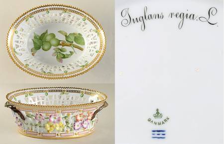 Flora Danica (1790 To 1960) 9" Oval Fruit Basket-Juglans regia L.