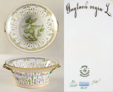 Flora Danica (1790 To 1960) 8" Round Fruit Basket-Juglans regia L