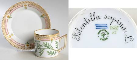 Flora Danica (1790 To 1960) Chocolate Cup & Serrated Saucer-Potentilla supina
