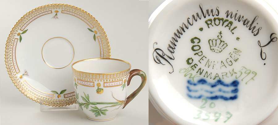 Flora Danica (1790 To 1960) Flat Cup & Saucer Set-Ranunculus nivalis L