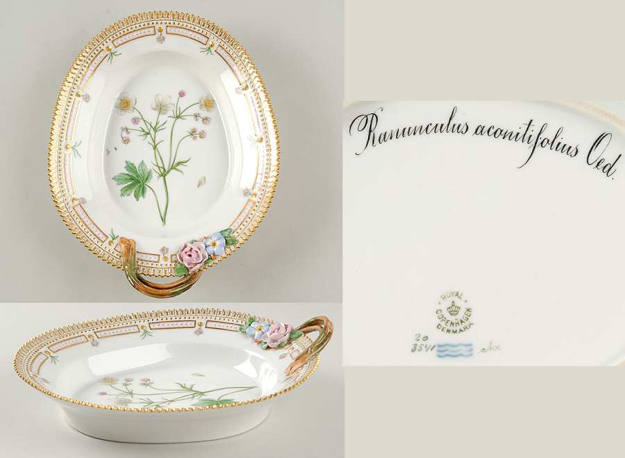 Flora Danica (1790 To 1960) 9" Oval Handled Pickle/Accent-Ranunculus aconitifo