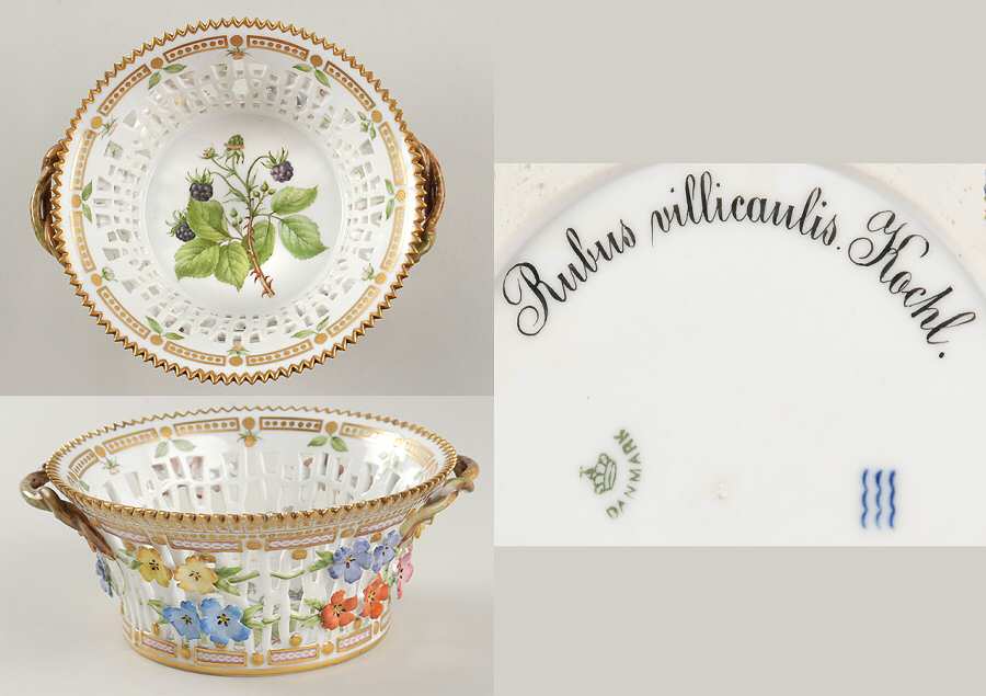 Flora Danica (1790 To 1960) 7" Round Fruit Basket-Rubus villicaulis Kochl