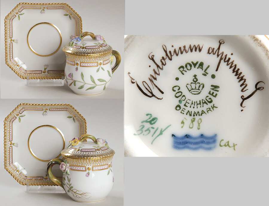 Flora Danica (1790 To 1960) Round Custard Cup, Saucer & Lid-Epilobium alpinum