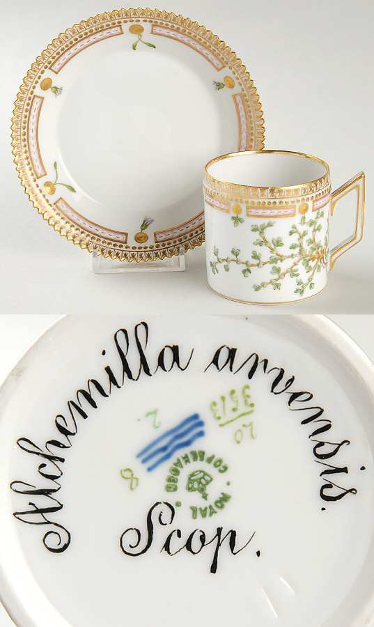 Flora Danica (1790 To 1960) Chocolate Cup & Serrated Saucer-Alchemilla arvensi
