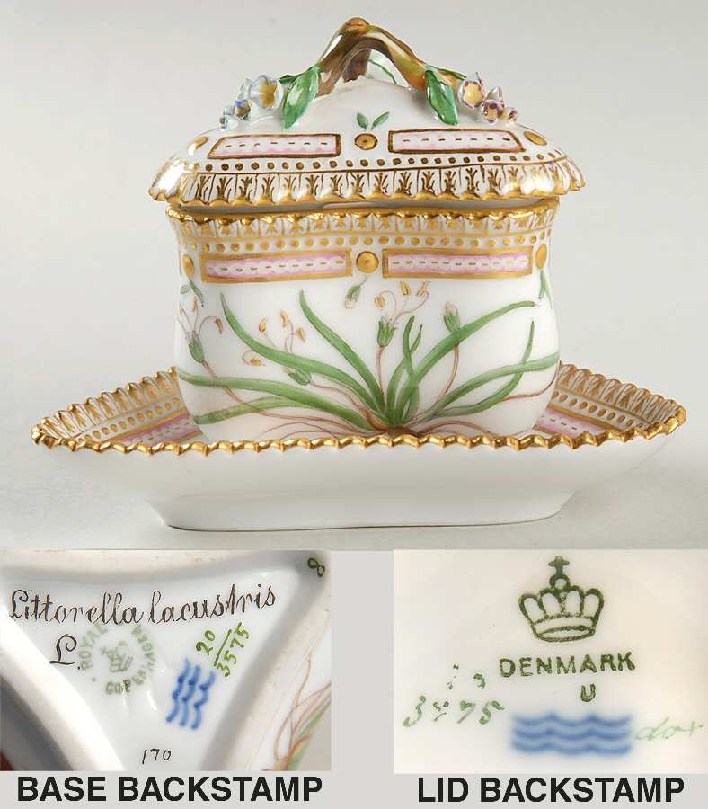Flora Danica (1790 To 1960) Triangular Custard Cup, Saucer & Lid-Littorella la