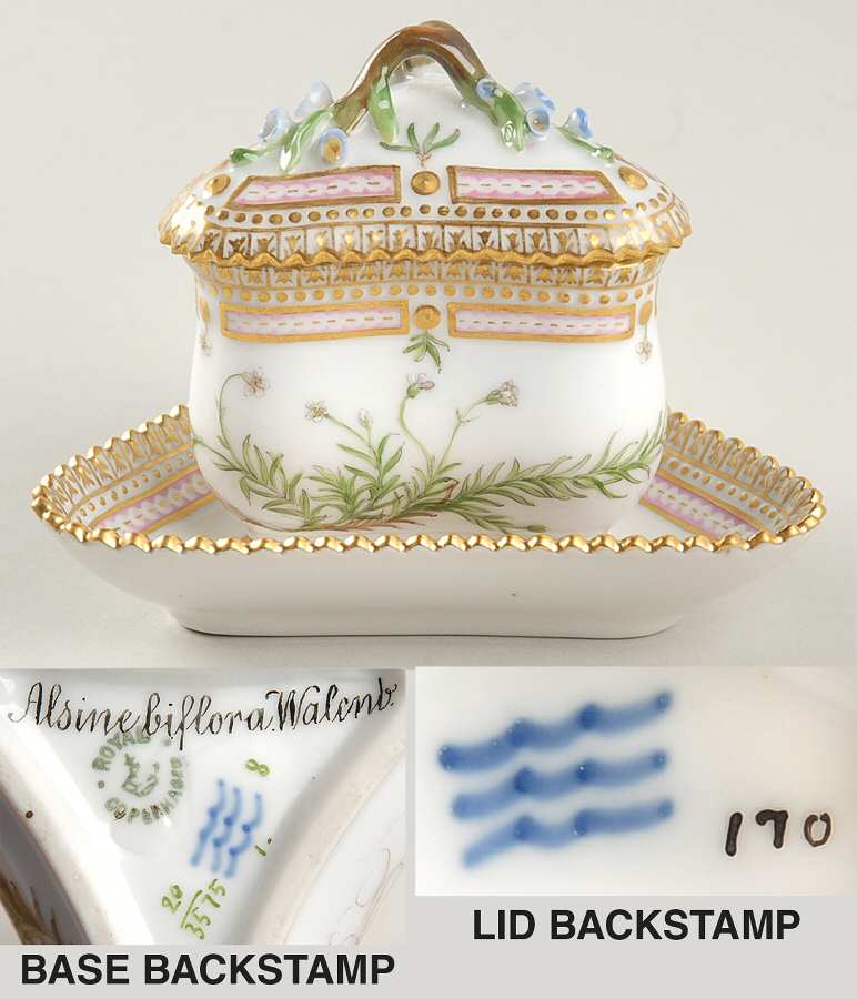 Flora Danica (1790 To 1960) Triangular Custard Cup, Saucer & Lid-Alsine biflor