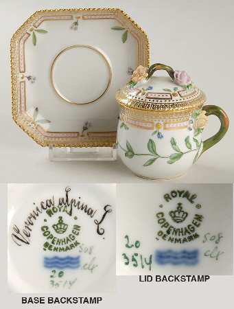 Flora Danica (1790 To 1960) Round Custard Cup, Saucer & Lid-Veronica alpina L.
