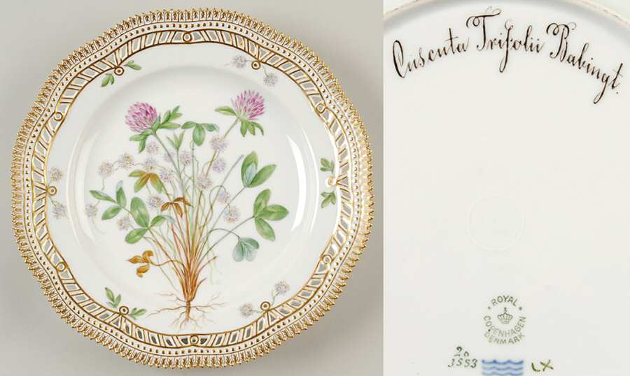 Flora Danica (1790 To 1960) 10" Pierced Dinner Plate/Fruit Std-Cuscuta Trifoli