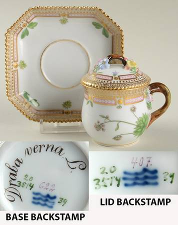 Flora Danica (1790 To 1960) Round Custard Cup, Saucer & Lid-Draba verna