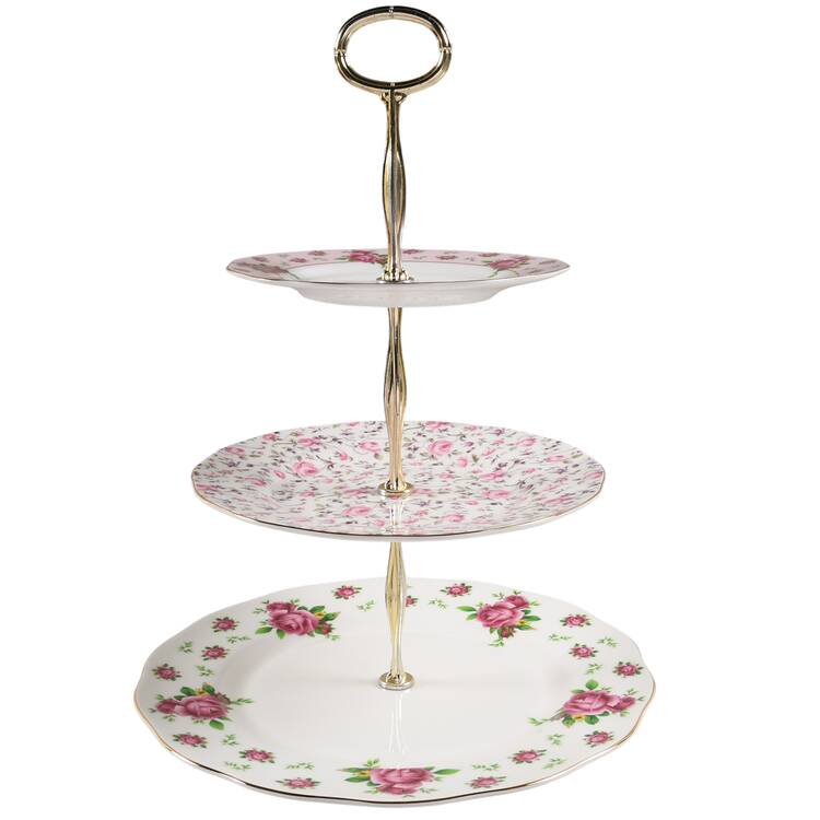 New Country Roses White 3-Tiered Serving Tray (DP, SP, BB)