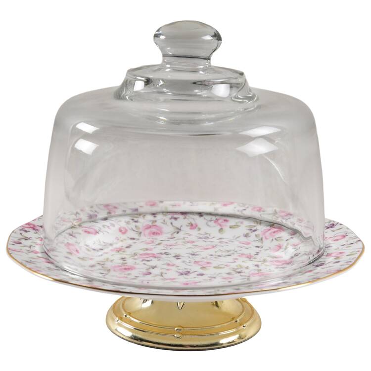 Rose Confetti 6 1/2"-7 1/2" Footed Cheese Plate w/ Glass Dome HC
