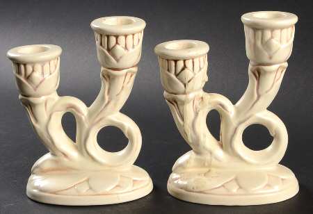 Eggshell Ivory Antiqued Brown Double Light Candlestick by Red Wing