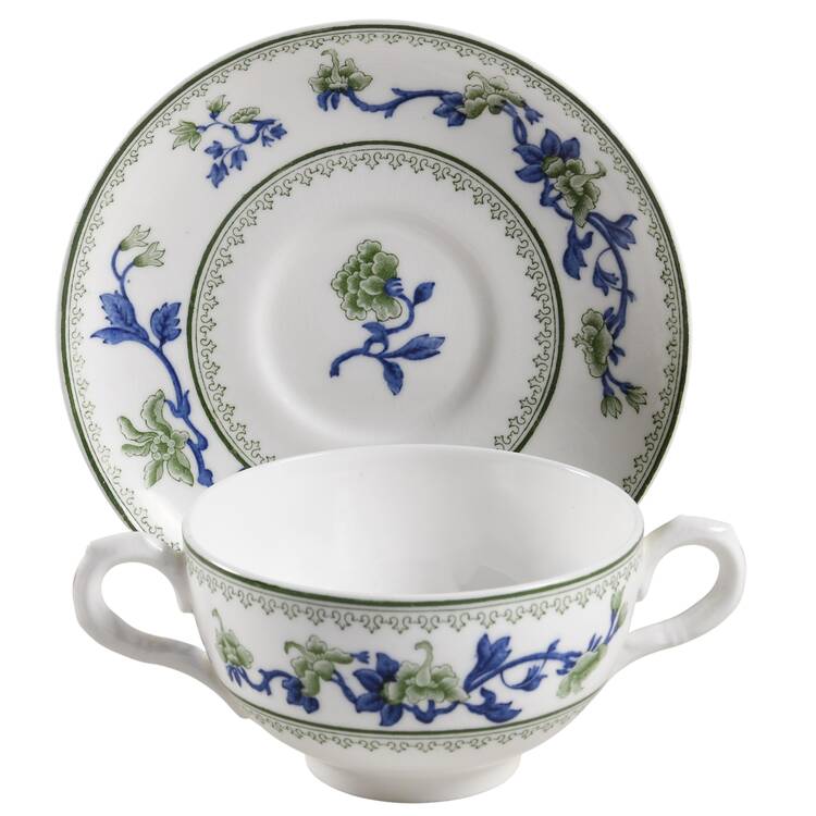W8464-Green & Blue Footed Bouillon Cup & Saucer