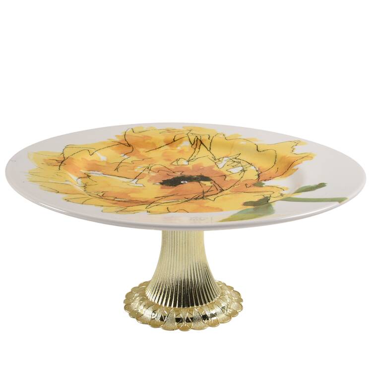 Yellow Poppy Cake Stand with 4"-5" Metal Pedestal  Hc