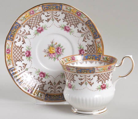 Kenilworth (Tan Band-Blue Panel) Footed Cup & Saucer Set
