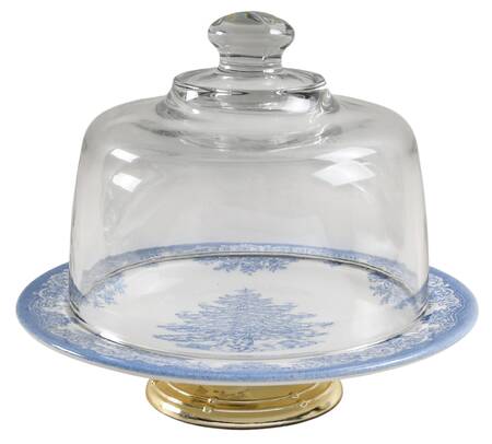 Christmas Tree-Prague Blue 6 1/2"-7 1/2" Footed Cheese Plate w/ Glass Dome HC