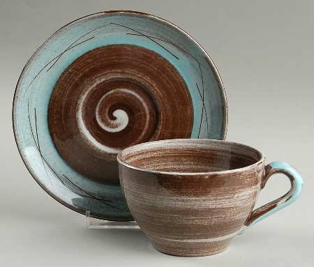 Stylized Spirals Brown and Turquoise Flat Cup & Saucer Set