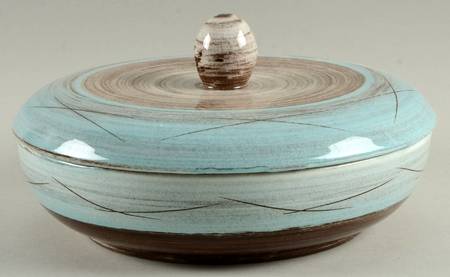 Stylized Spirals Brown and Turquoise Round Covered Vegetable