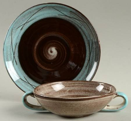 Stylized Spirals Brown and Turquoise Flat Cream Soup Bowl & Saucer Set