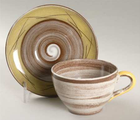 Stylized Spirals Brown and Yellow Flat Cup & Saucer Set