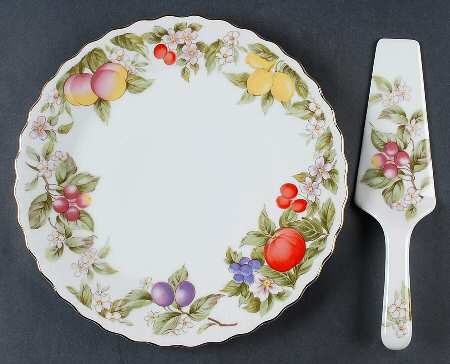 Fruit & Blossoms Cake Plate & Solid Ceramic Server Set (No Box)