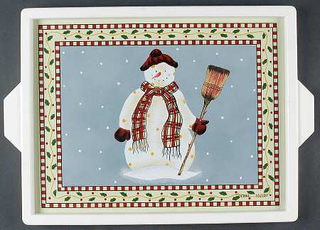 Snowman Wood Rectangular Handled Tray