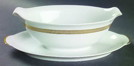 Empress (White with Gold Design) Gravy Boat with Attached Underplate