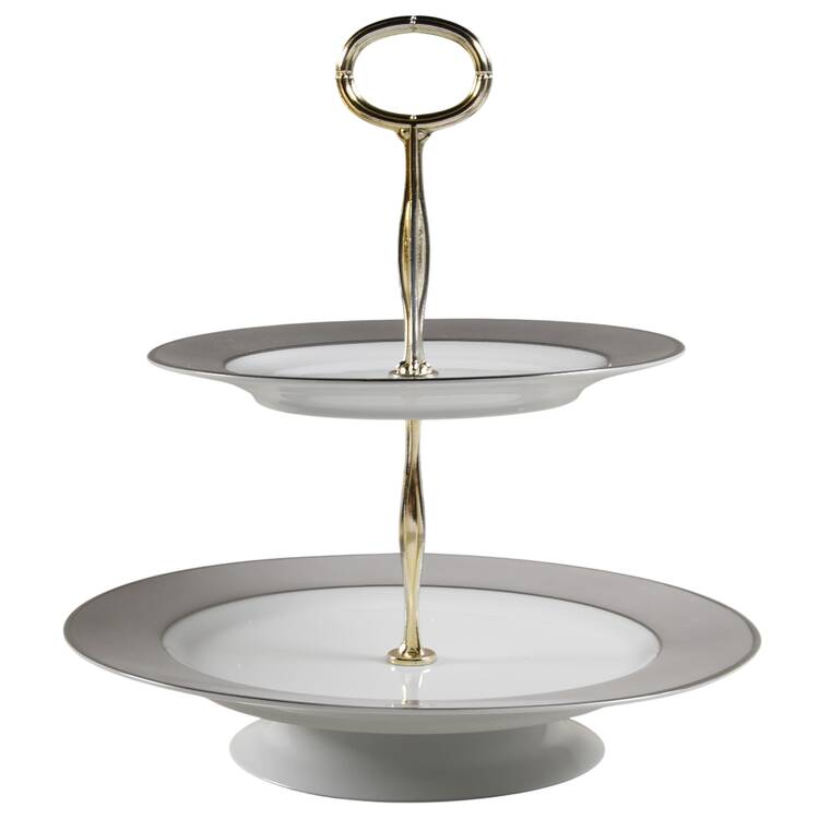 Platina (White with Gray Color Band) 11 1/4"  2 Tier Footed Serving Tray (DP,SP,FR) HC