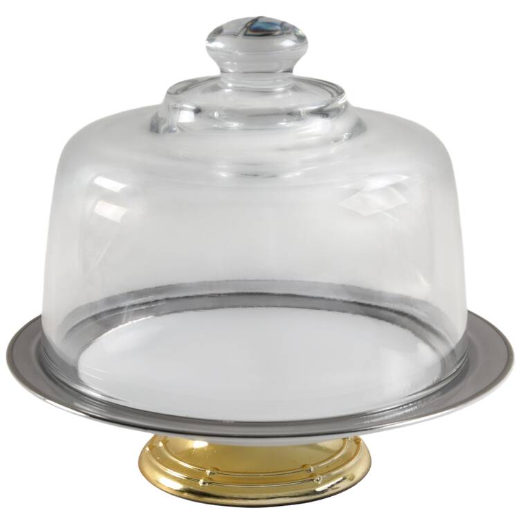 Platina (White with Gray Color Band) 6 1/2"-7 1/2" Footed Cheese Plate w/ Glass Dome HC