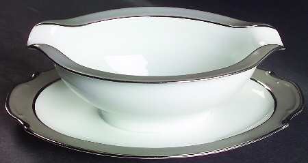 Platina (White with Gray Color Band) Gravy Boat with Attached Underplate