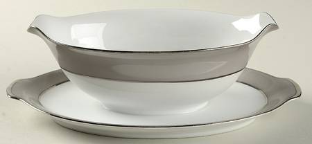 Platina (White with Gray Color Band) Gravy Boat with Attached Underplate
